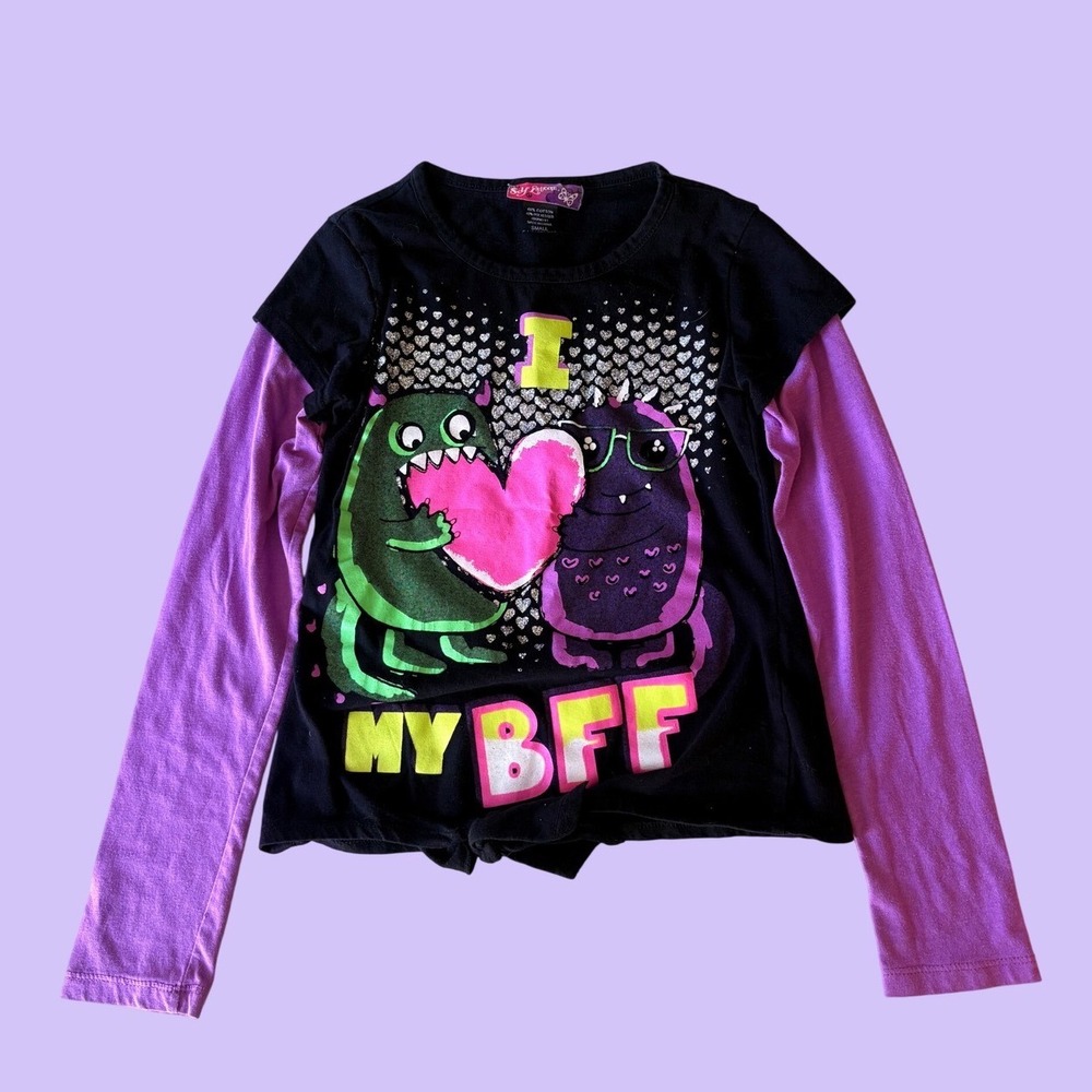 Y2K Self Esteem I Love My BFF Monster Graphic Layered Baby Tee Scene #18